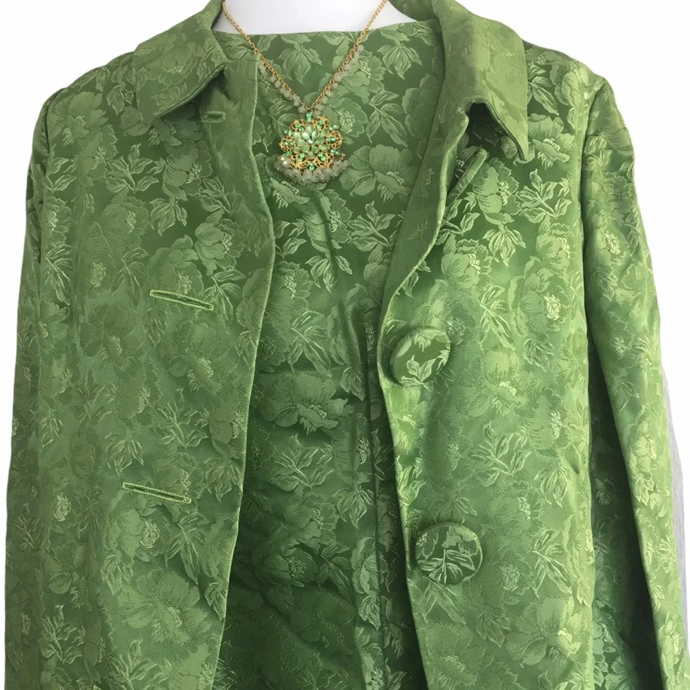 TRUE VINTAGE Green Floral 2PC Sheath Dress & Jackt - Picture 2 of 9